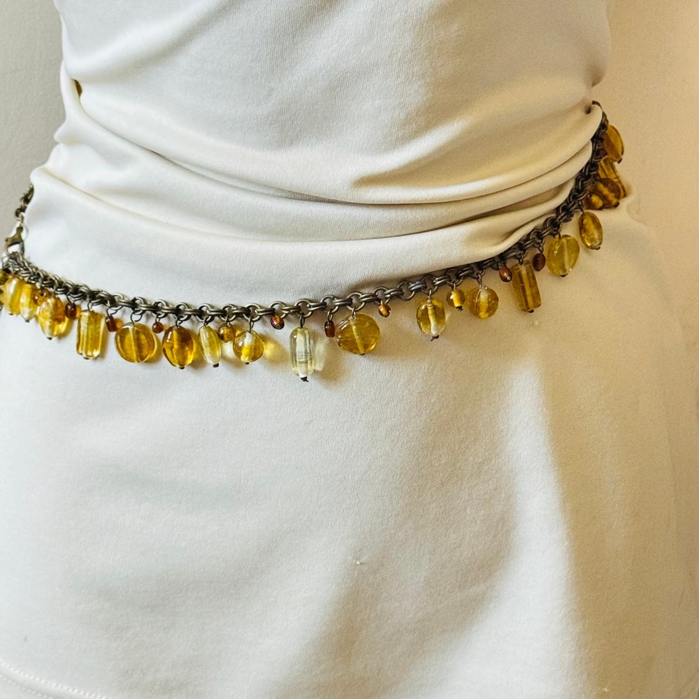 VTG BOHO Glass Brass Chain Dangle Belt Necklace Cha Cha Yellow Chunky Retro 40"